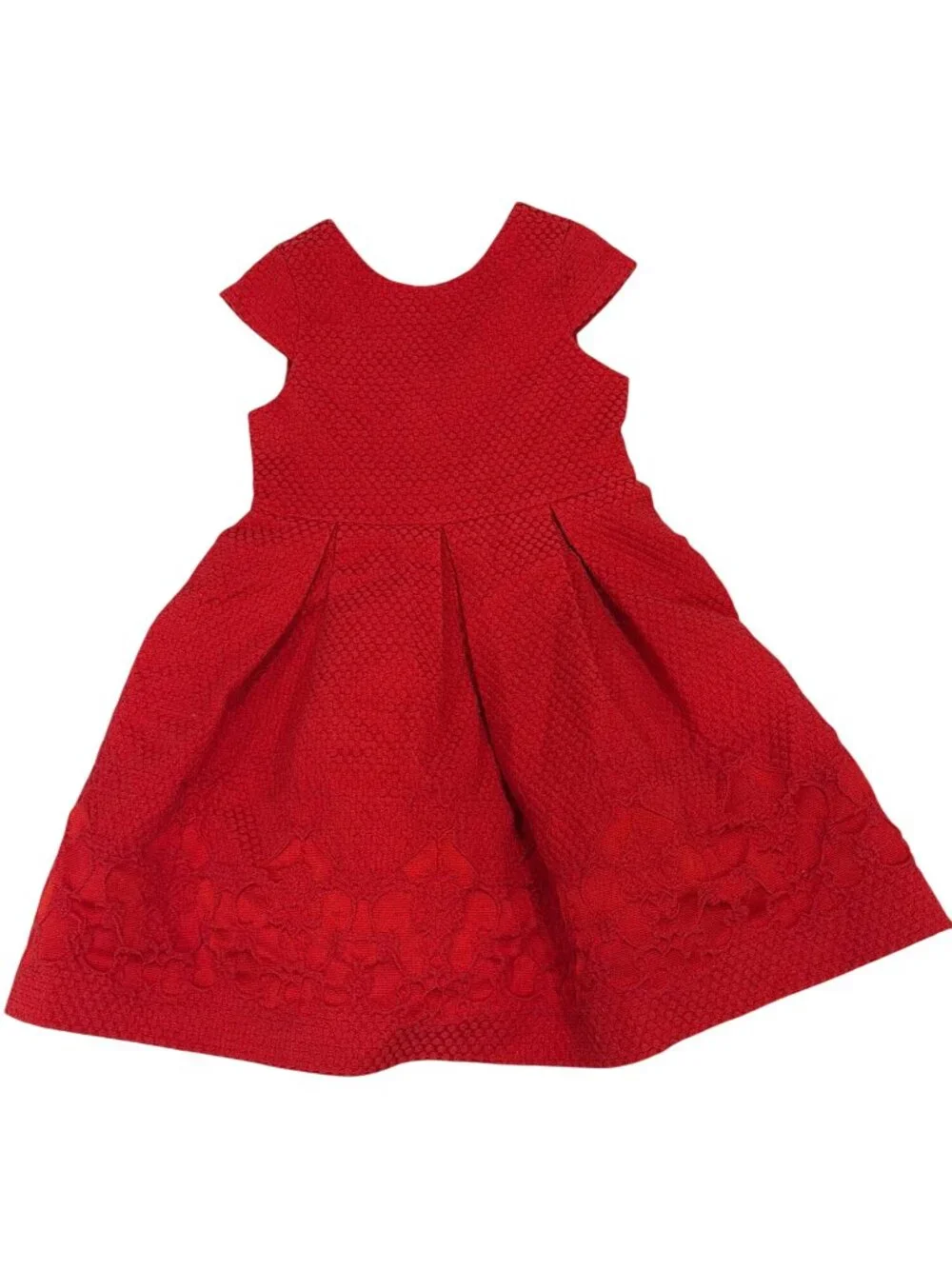 Janie and Jack 4T Girls Red Textured Cap Sleeve Dress Floral-Lace Hem Detailing